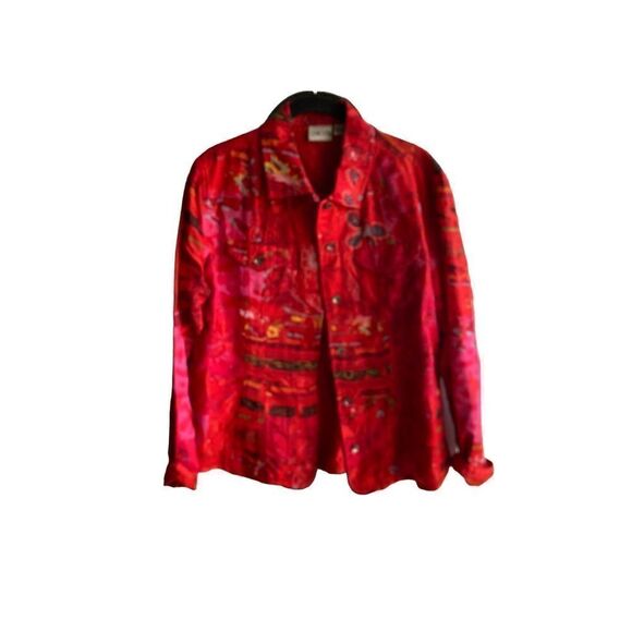Chicos women’s 100%, silk, red and pink two front pocket jacket size one - Picture 1 of 5